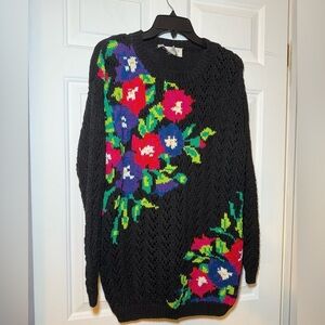 Retro 80’s Open Knit Abstract Floral Sweater Black Colorful Medium Vintage